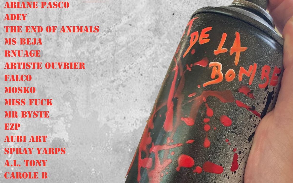 Affiche qui présente une bombe sur la droite de l'image ainsi que la liste de tous les artistes exposants à la galerie