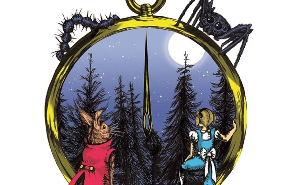 Alice et le lapin regardent à l'horizon, dans la forêt bleue ...