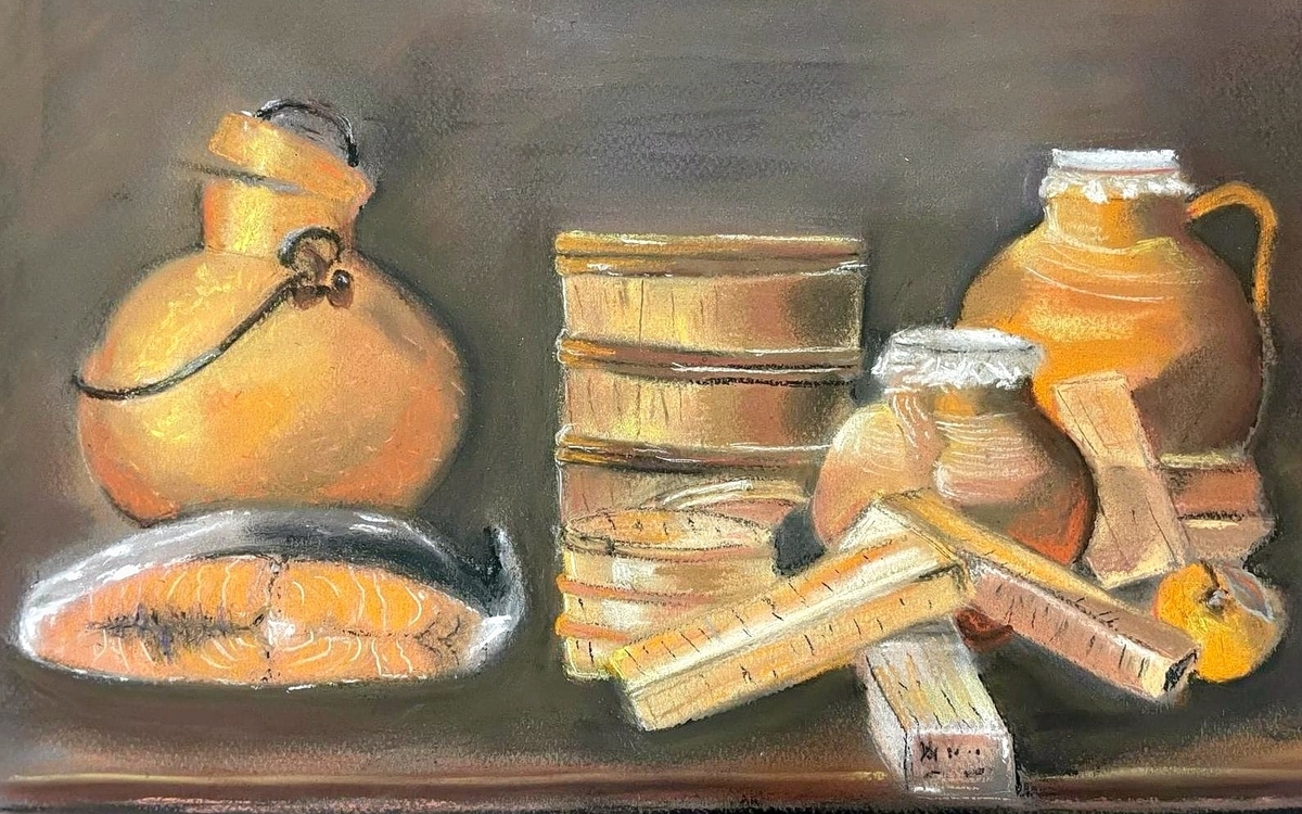 Une nature morte mettant en scène des pots, un seau et une pomme...