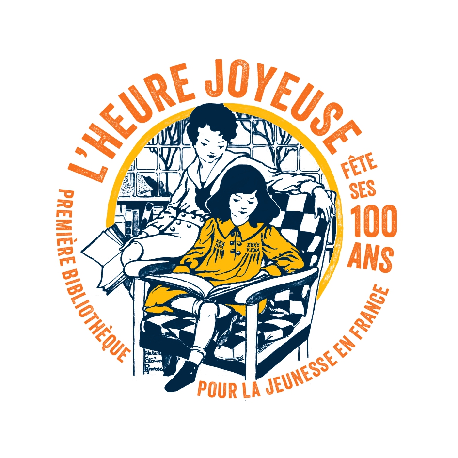 2 jeunes lecteurs dans un macaron dessiné par l'illsutratrice américaine Helen Strowe Penrose en 1924 et revisité pour le centenaire de l'Heure joyeuse par la graphiste Sandrine Granon