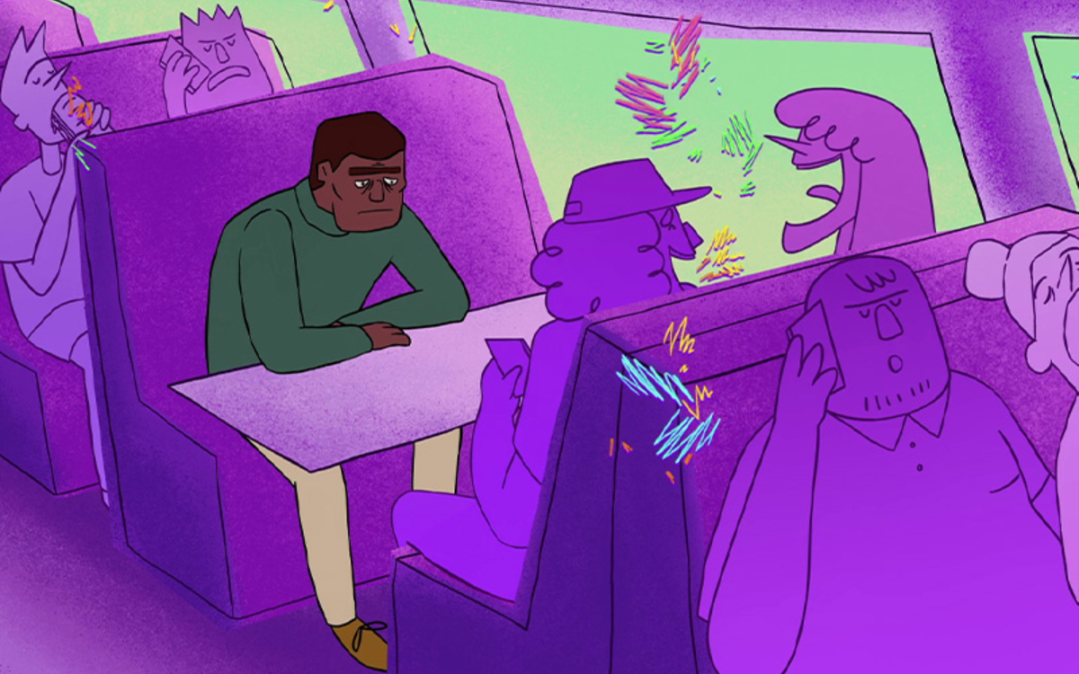 Dans des tons mauves, un homme est installé dans un train.