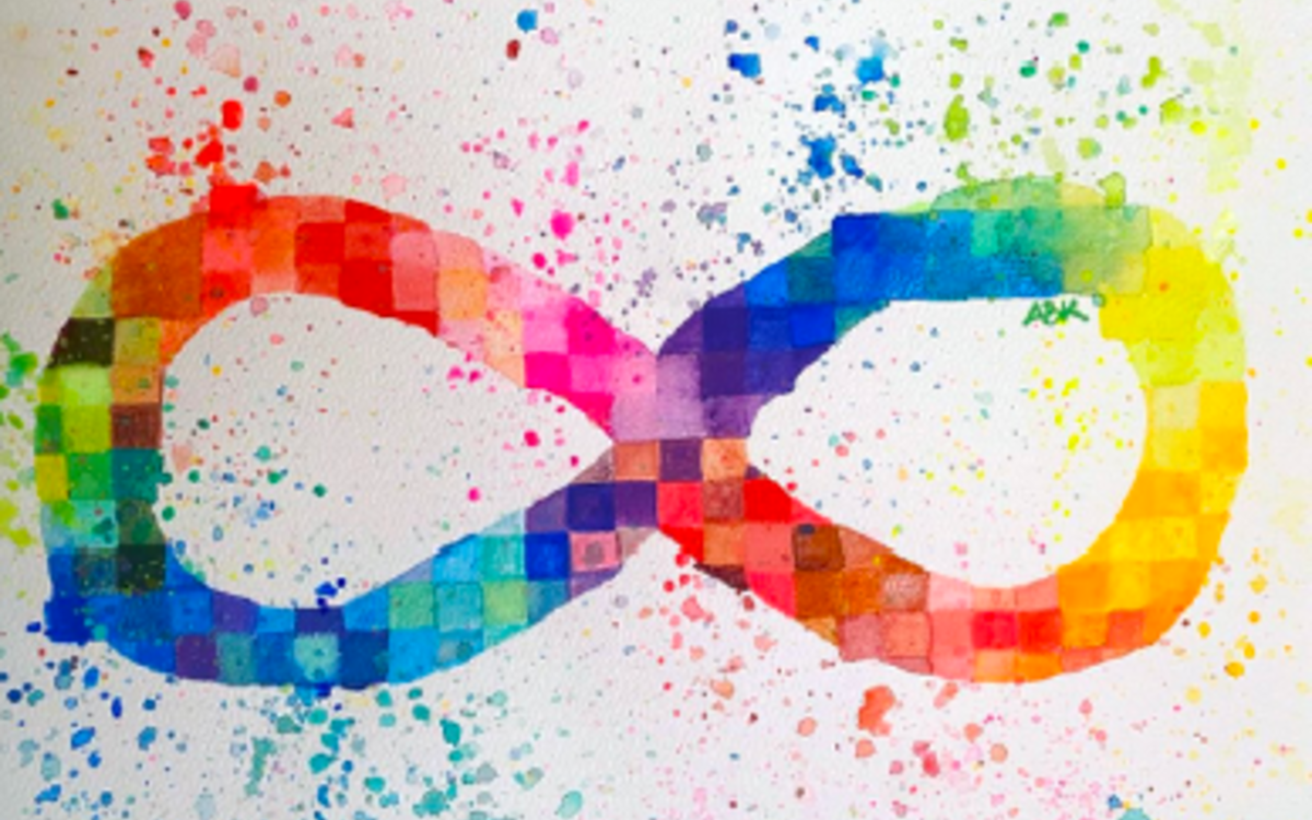 Signe infini pixelisé et multicolore sur fond blanc. Le fond blanc est taché par les couleurs qui ont débordées.