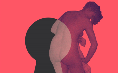 Une silhouette nue, de dos, se découpe dans le trou d'une serrure