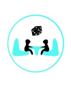 logo de l'association La Taverne Ludique : 2 petis bonshommes assis autour d'une table avec un dè à 6 faces au dessus d'eux, le tout entouré d'un cercle bleu