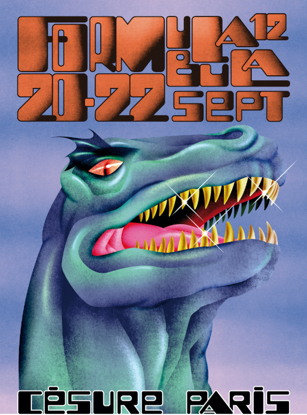 Affiche du festival Formula Bula avec un dinosaurere