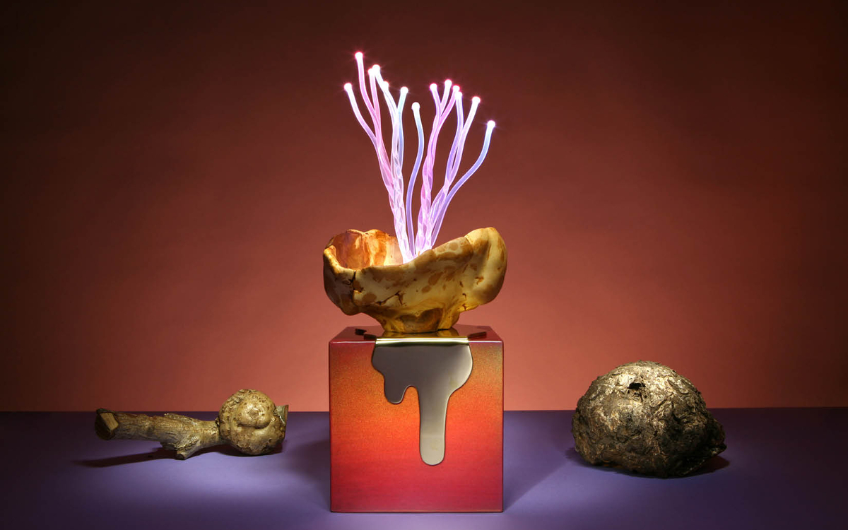 Sculptures et lampes fabriquées à partir de bois et autres matériaux, évoquant un monde sous-marin ou le cosmos.