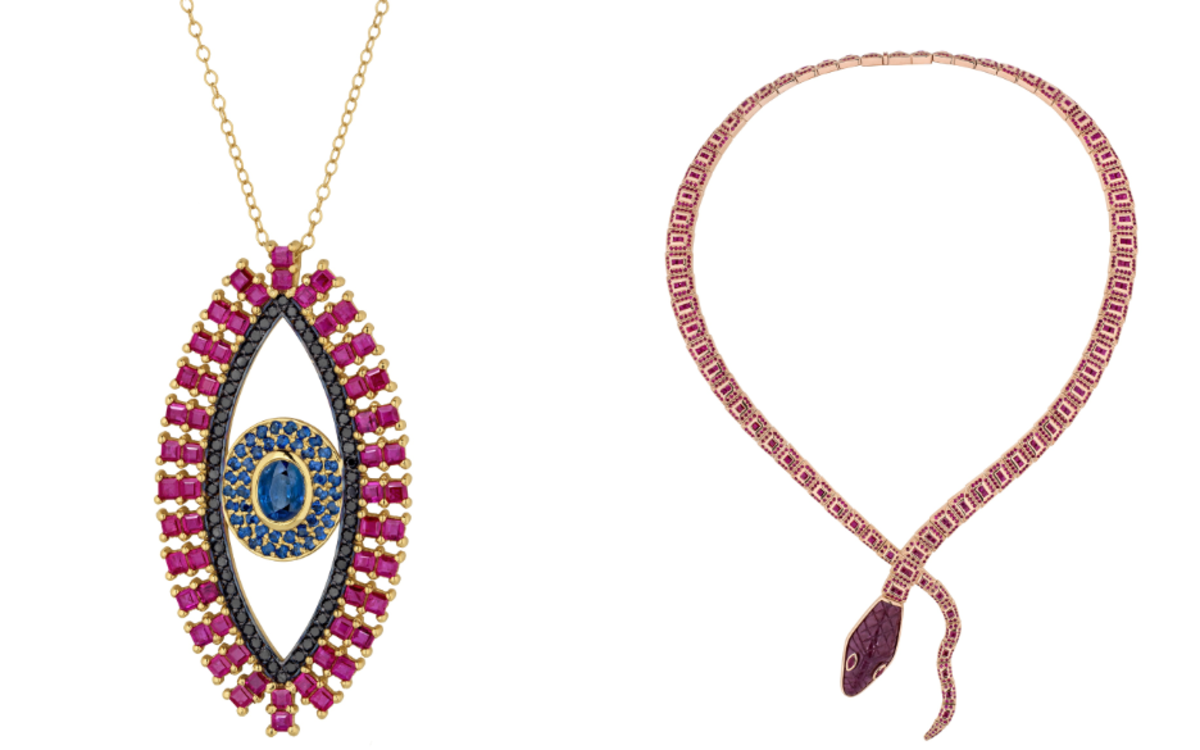 MINOAN EYE Or 18k, diamants noirs (0,44ct), saphirs (1,2 ct) et rubis (3,92 cté)  Série limitée de 7 Chaine : 45 cm L 5 cm / D 2,7 cm 11 200 euros / SNAKE GODDESS Or rose 18k, avec rubis (18,22 cts) et tête en rubis gravée Série limitée de 7 Longueur de la tête : 3,5 cm  Largeur de la tête : 1,7 cm 57 000 euros