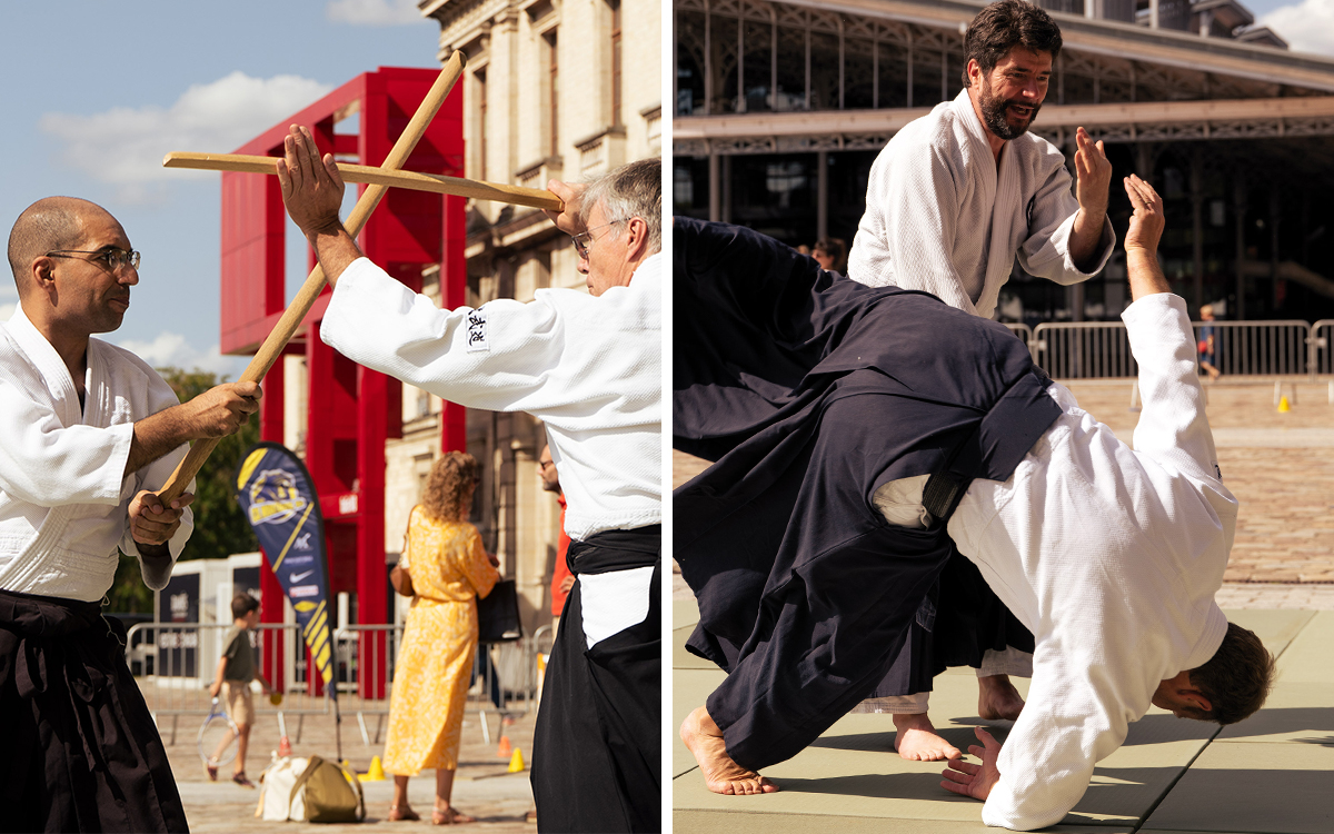 Démonstrations de kenjutsu de l'école Katori Shintô à gauche et d'Aikibudo à droite