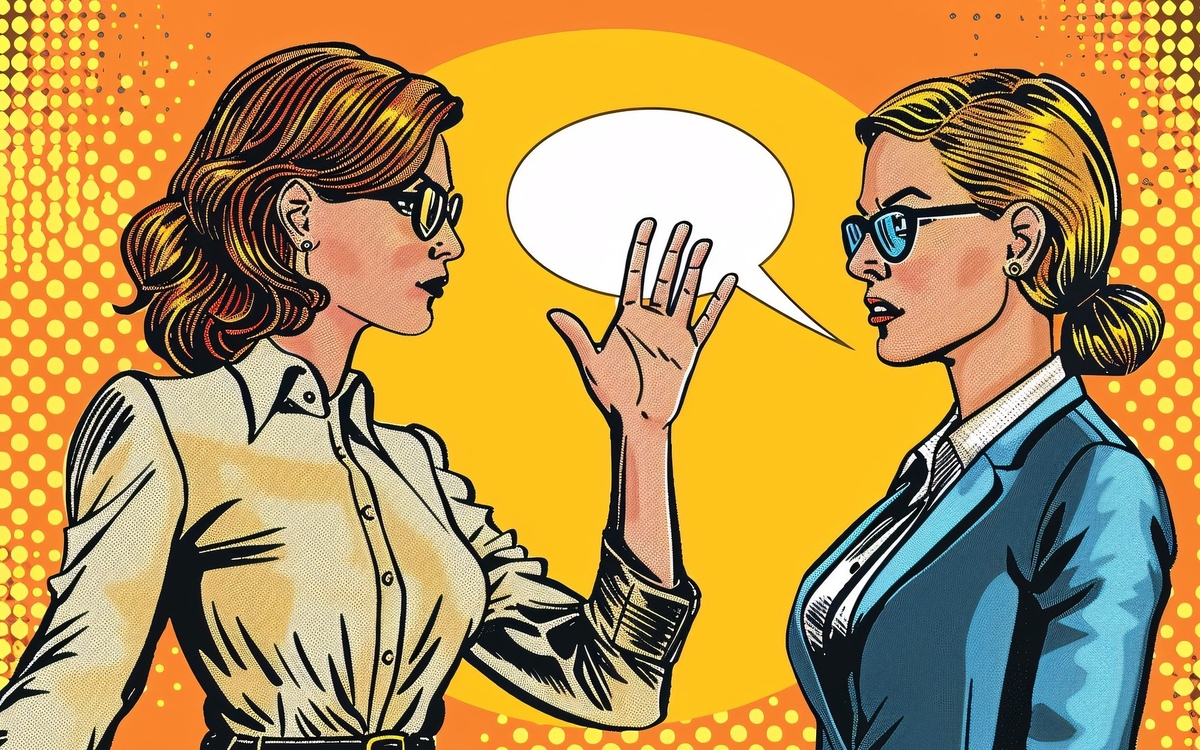 illustration dans un style pop art de deux femmes en discussion