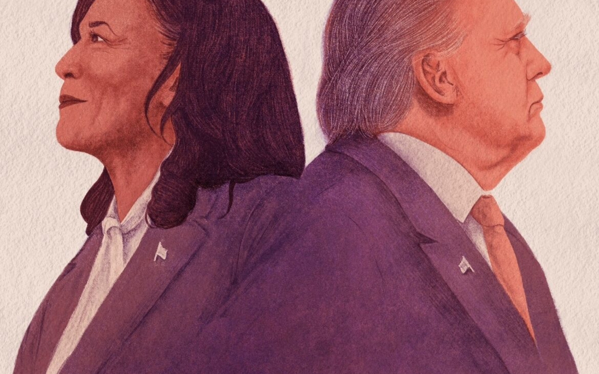 Un croquis représentant Kamala Harris et Donald Trump dos à dos