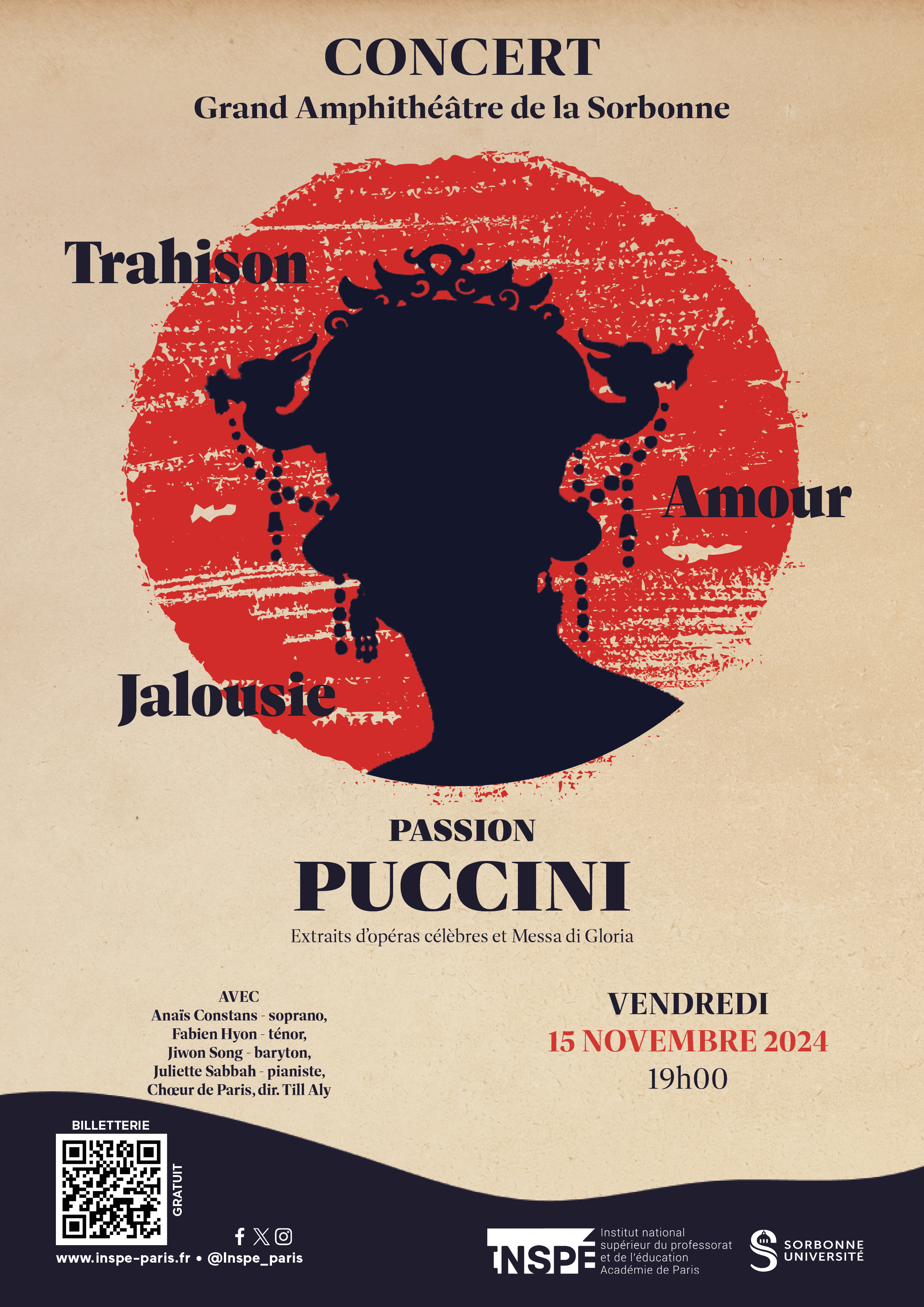Affiche du concert de passion Puccini avec la mention de trahison, amour et Jalousie.
