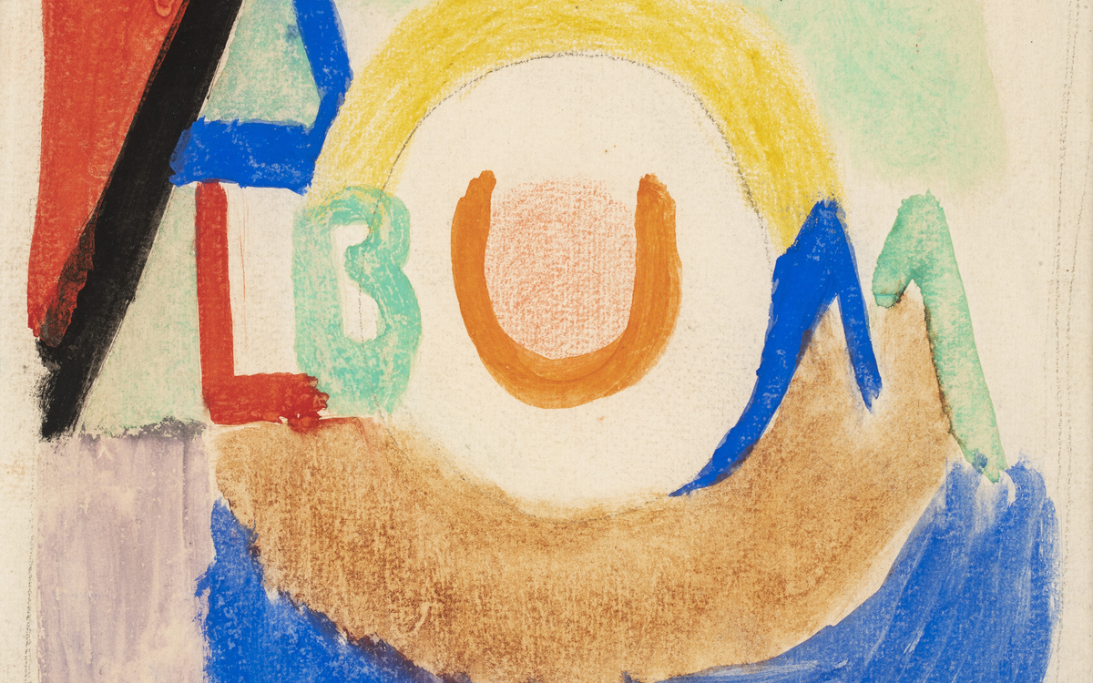 Oeuvre de Sonia Delaunay représentant un tableau coloré avec le mot "album" peint en couleurs
