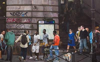 Peinture représentant des personnes au pied du métro Barbès-Rochechouart