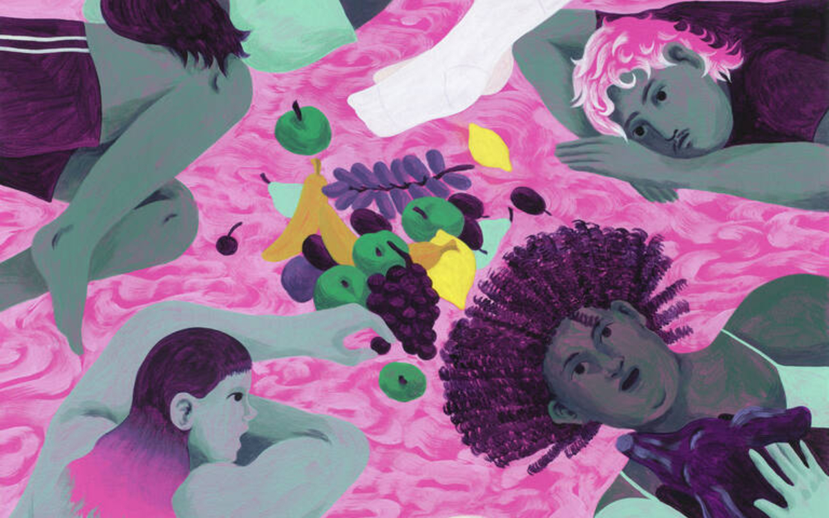 Illustration représentant des femmes allongées sur fond rose