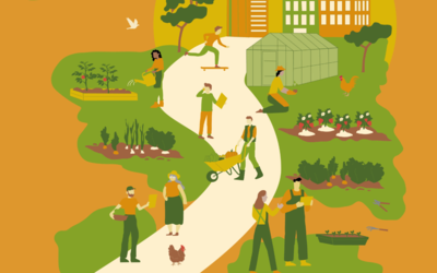 Affiche illustrative en orange et en vert pour le Forum d’Agriculture Urbaine