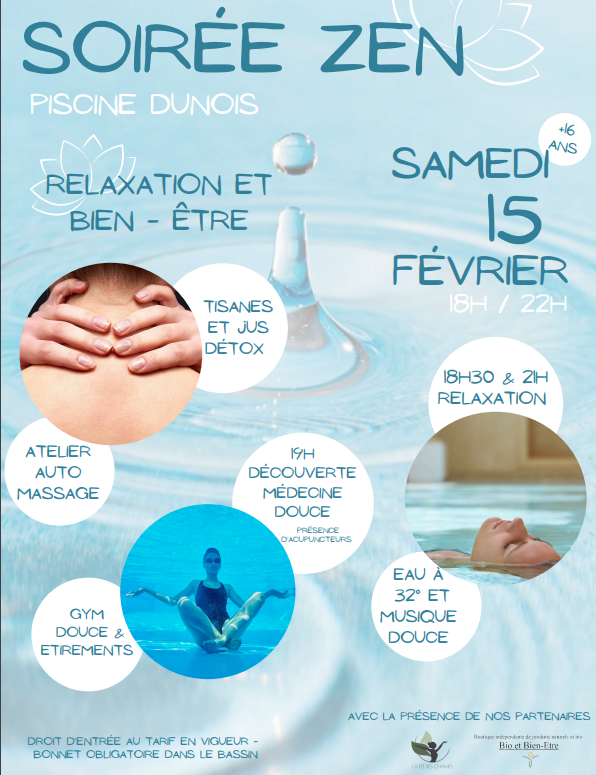 Affiche de la soirée zen à la piscine Dunois. 