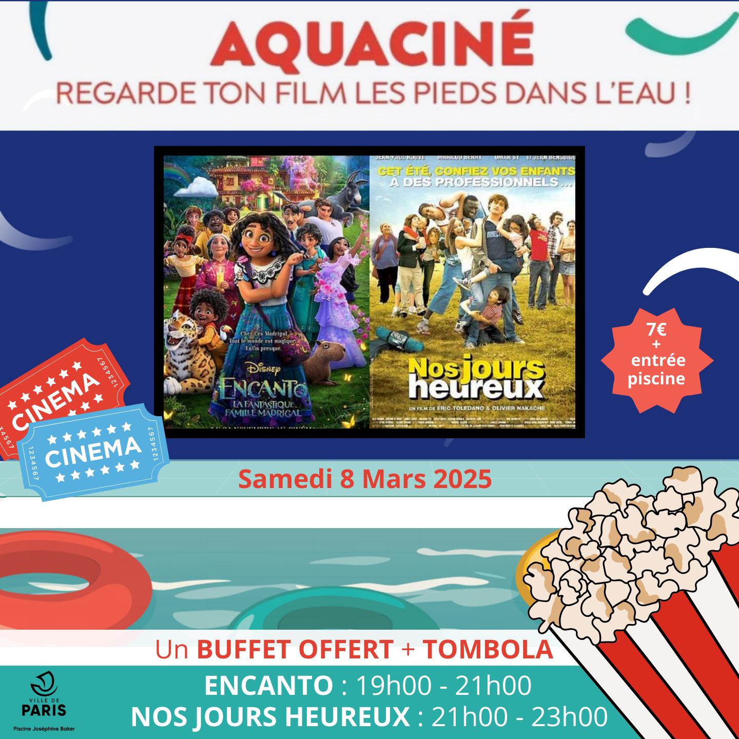 Affiche pour l'aquaciné du 8 mars 2025 à la piscine Joséphine Baker (13e).