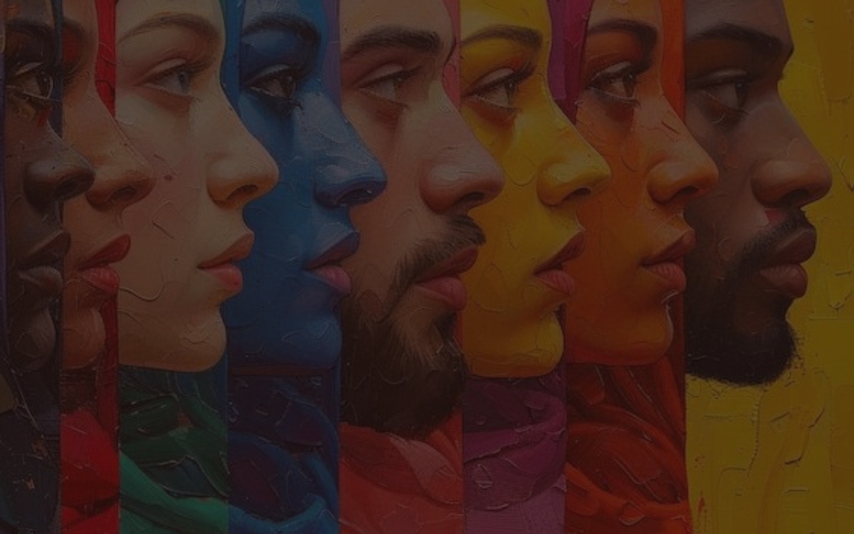 "Peinture numérique représentant une rangée de visages de profil, chacun peint dans une couleur vive et distincte, allant du bleu au jaune en passant par le rouge et l'orange. Les textures du tableau rappellent les coups de pinceau d'une toile traditionnelle. L'image illustre la diversité culturelle et l'unité à travers la variété des tons et des expressions.