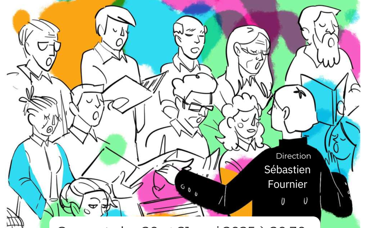 Affiche de l'événement le choeur sprezza les choristes sont dessinés sur un fond de tâches de couleurs différentes. 