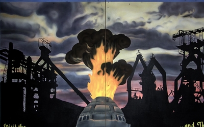 Une peinture représentant un arrière plan avec des usine