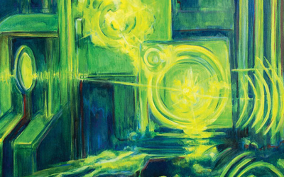 Oeuvre picturale aux couleurs vertes et jaunes représentant des atomes 