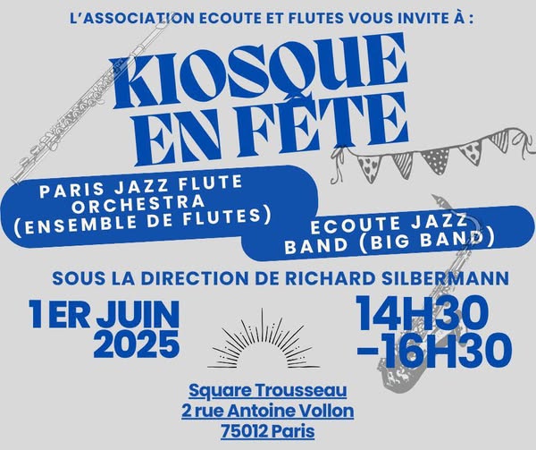 Affiche de l'événement Kiosque en Fêt </font></noscript></p></td></tr><tr><td><p align='left'> <font color=blue  size='4pt'>Mode d access:</font><font color=black  size='4pt'> gratuit </font></p></td></tr><tr><td><p align='left'> <font color=blue  size='4pt'>Type d access:</font><font color=black  size='4pt'> gratuit </font></p></td></tr><tr><td><p align='left'> <font color=blue  size='4pt'>Date de debut:</font><font color=black  size='4pt'> 2025-06-01T15:30:00+00:00 </font></p></td></tr><tr><td><p align='left'> <font color=blue  size='4pt'>Horaires:</font><font color=black  size='4pt'> Le dimanche 01 juin 2025<br />de 14h30 à 16h30<br /> </font></p> </td></tr><tr><td><p align='left'> <font color=blue  size='4pt'>Occurrences:</font><font color=black  size='4pt'> 2025-06-01T15:30:00+02:00_2025-06-01T17:30:00+02:00 </font></p></td></tr><tr><td><p align='left'> <font color=blue  size='4pt'>Date de Fin:</font><font color=black  size='4pt'> 2025-06-01T17:30:00+00:00 </font></p></td></tr><tr><td><p align='left'> <font color=blue  size='4pt'>Adresse:</font><font color=black  size='4pt'> Square Trousseau </font></p></td></tr><tr><td><p align='left'> <font color=blue  size='4pt'>Details adresse:</font><font color=black  size='4pt'> 2 rue Antoine Vollon </font></p></td></tr><tr><td><p align='left'> <font color=blue  size='4pt'>Ville :</font><font color=black  size='4pt'> Paris </font></p></td></tr><tr><td><p align='left'> <font color=blue  size='4pt'>Zipcode:</font><font color=black  size='4pt'> 75012 </font></p></td></tr><tr><td><p align='left'> <font color=blue  size='4pt'>Transport:</font><font color=black  size='4pt'>  </font></p></td></tr><tr><td><p align='left'> <font color=blue  size='4pt'>Contact:</font><font color=black  size='4pt'>  </font></p></td></tr><tr><td><p align='left'> <font color=blue  size='4pt'>Telephone:</font><font color=black  size='4pt'>  </font></p></td></tr><tr><td><p align='left'> <font color=blue  size='4pt'>URL:</font><font color=black  size='4pt'>  </font></p></td></tr><tr><td><p align='left'> <font color=blue  size='4pt'>Facebook:</font><font color=black  size='4pt'> https://www.facebook.com/EcoutesEtFlutesParis/?locale=fr_FR </font></p></td></tr><tr><td><p align='left'> <font color=blue  size='4pt'>Email:</font><font color=black  size='4pt'>  </font></p></td></tr><tr><td><p align='left'> <font color=blue  size='4pt'>Email contact:</font><font color=black  size='4pt'>  </font></p></td></tr><tr><td><p align='left'> <font color=blue  size='4pt'>Programme:</font><font color=black  size='4pt'> Nature à Paris : le programme (https://www.paris.fr/evenements/nature-a-paris-le-programme-13407) </font></p></td></tr><tr><td><p align='left'> <font color=blue  size='4pt'>Categorie:</font><font color=black  size='4pt'>  </font></p></td></tr><tr><td><p align='left'> <font color=blue  size='4pt'>Tags:</font><font color=black  size='4pt'> Concert </font></p></td></tr><tr bgcolor='#FFFFFF'><td><p align='center'> <font color=' #900C3F '  size='20pt'>  </font></p></td></tr><tr bgcolor='#000000'><td><p align='center'> <font color=' #900C3F '  size='20pt'> Sortie gratuite</font></p></td></tr><tr><td><p align='left'> <font color=blue  size='4pt'>Titre:</font><font color=red  size='4pt'> Plein les mains ou toucher ce que vous allez manger </font></p></td></tr><tr><td>
<p align='center'><img src=