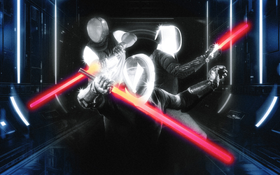 3 combattants portant des masques d'escrime dans diverses positions de combat avec des sabres laser rouges.