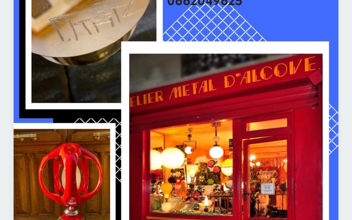 Montage visuel coloré présentant l’atelier de sculpture lumineuse Métal d’Alcôve à Paris. En haut à droite, texte indiquant : "SCULPTURES LUMINEUSES, 86, Rue Lamarck 75018 Paris, 0662049625". En bas à droite, une photo de la devanture rouge vif de la boutique nommée "Atelier Métal d’Alcôve", illuminée et remplie de lampes artistiques. À gauche, deux images de sculptures lumineuses métalliques : l'une en gros plan montrant la signature gravée de Monsieur Katz, l’autre montrant une sculpture rouge et chromée à l’aspect futuriste, posée sur un socle. 