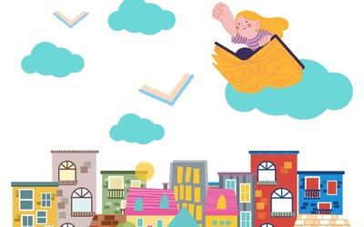 Image d'une ville survolée par un enfant dans un livre