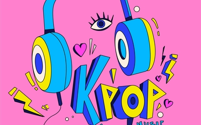 L'image représente une illustration d'un casque de musique bleu et jaune sur fond rose. 