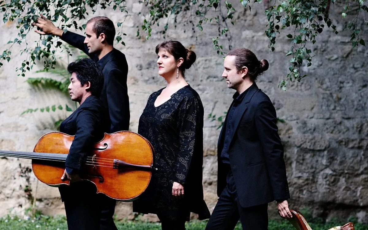 Quatuor de musiciens habillés en noir dans un jardin 