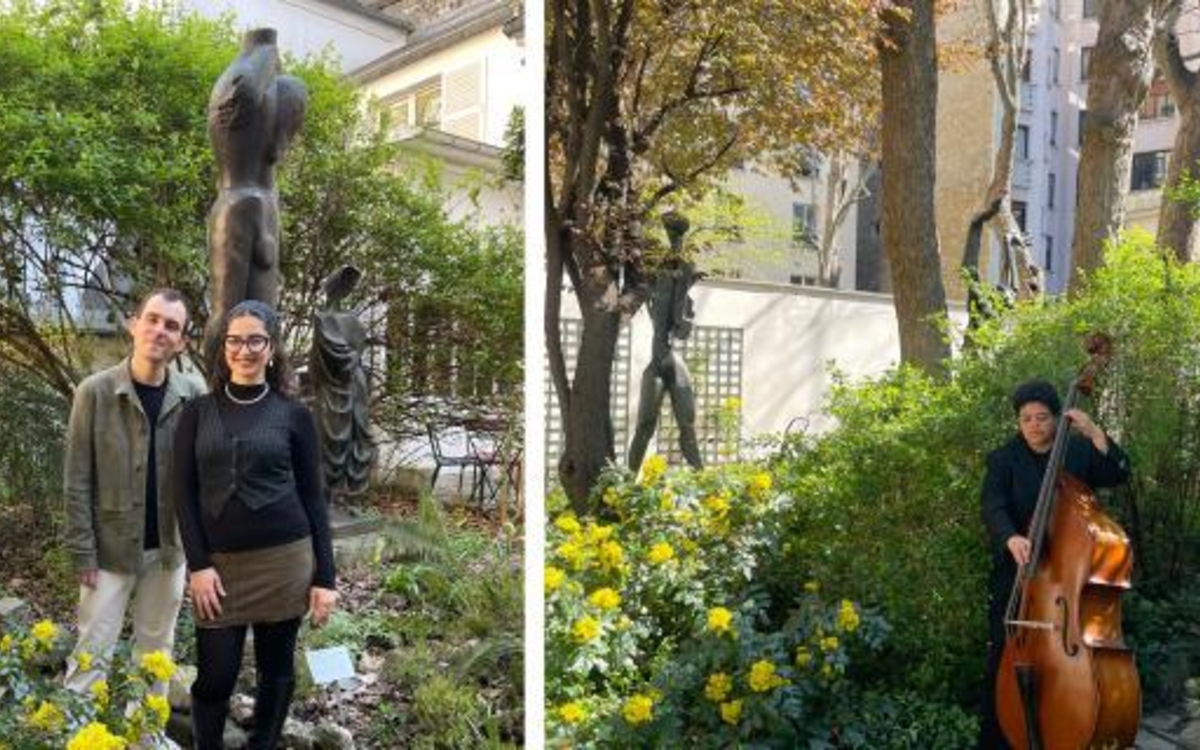 Montage avec deux photos dans les jardins du musée zadkine, deux personnes posent sur la première et une personne joue du violoncelle sur la seconde