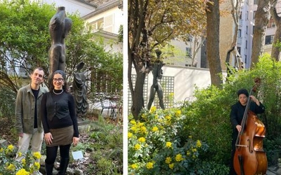 Montage avec deux photos dans les jardins du musée zadkine, deux personnes posent sur la première et une personne joue du violoncelle sur la seconde