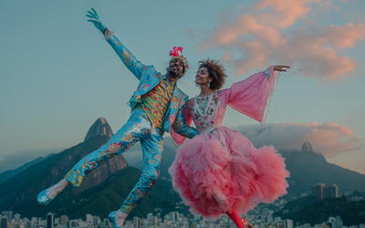 Deux danseurs habillés dans des costumes traditionnels flottent au-dessus d'un paysage montagneux