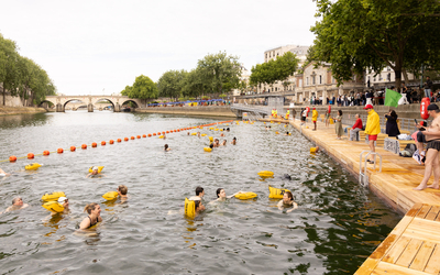 Ouverture de la baignade au Bras Marie, le 5 juillet 2025, vue sur la Seine et les installations.