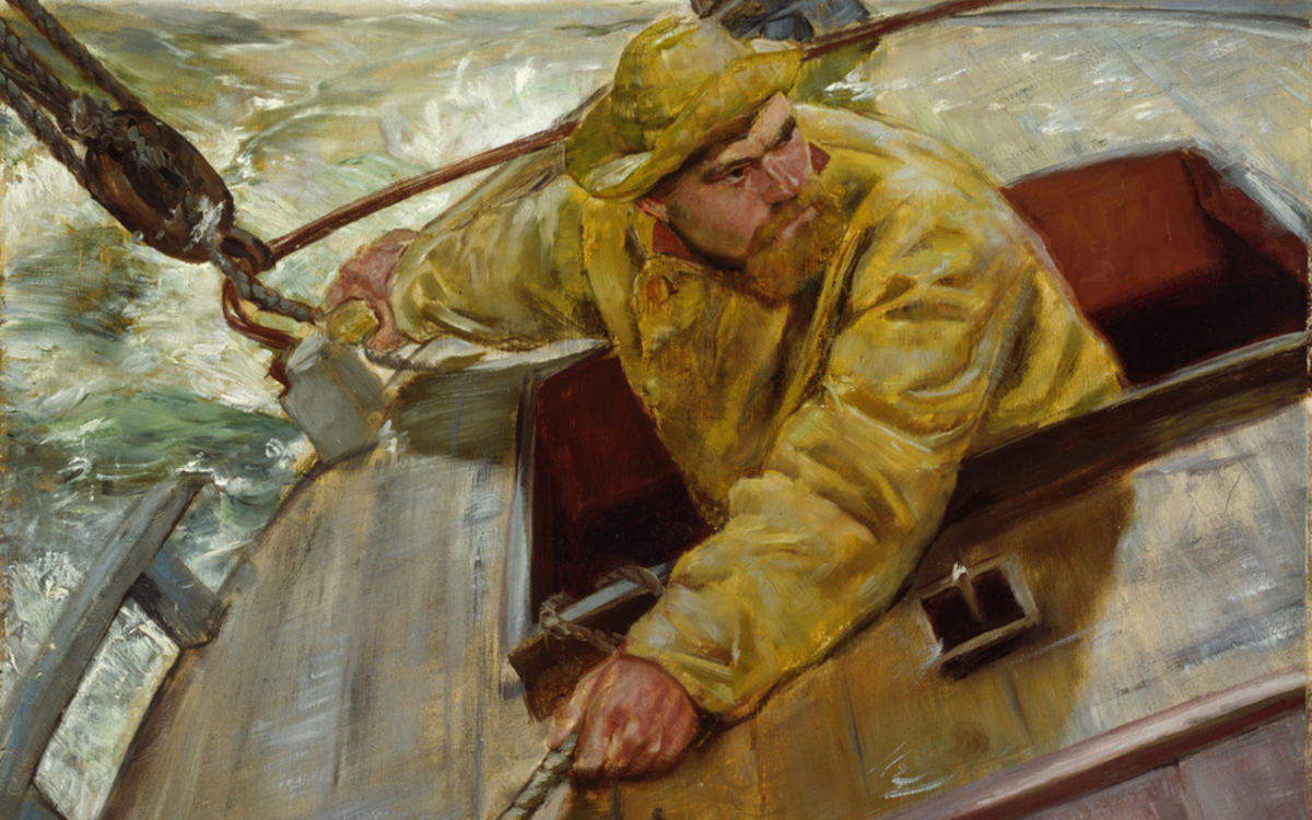 Peinture représentant un homme qui tient la barre d'un navire dans une mer agitée