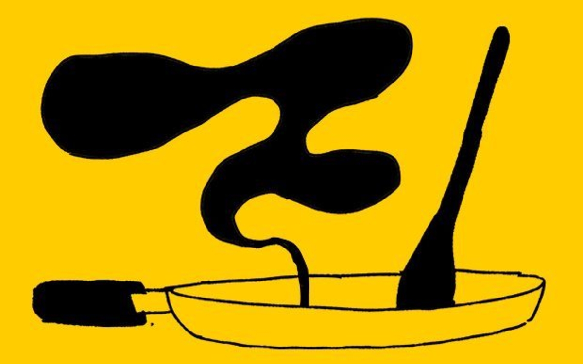 Illustration représentant une poêle en train de fumer sur un fond jaune