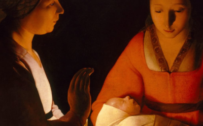 Peinture représentant deux femmes avec un nouveau-né