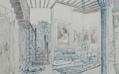 Dessin aux traits bleus représentant un salon rouge