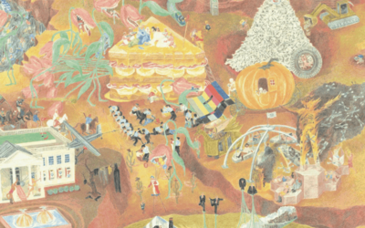 Illustration colorée et surréaliste représentant une scène chaotique remplie d’objets géants, de foules, de monuments, d’animaux et de symboles variés.
