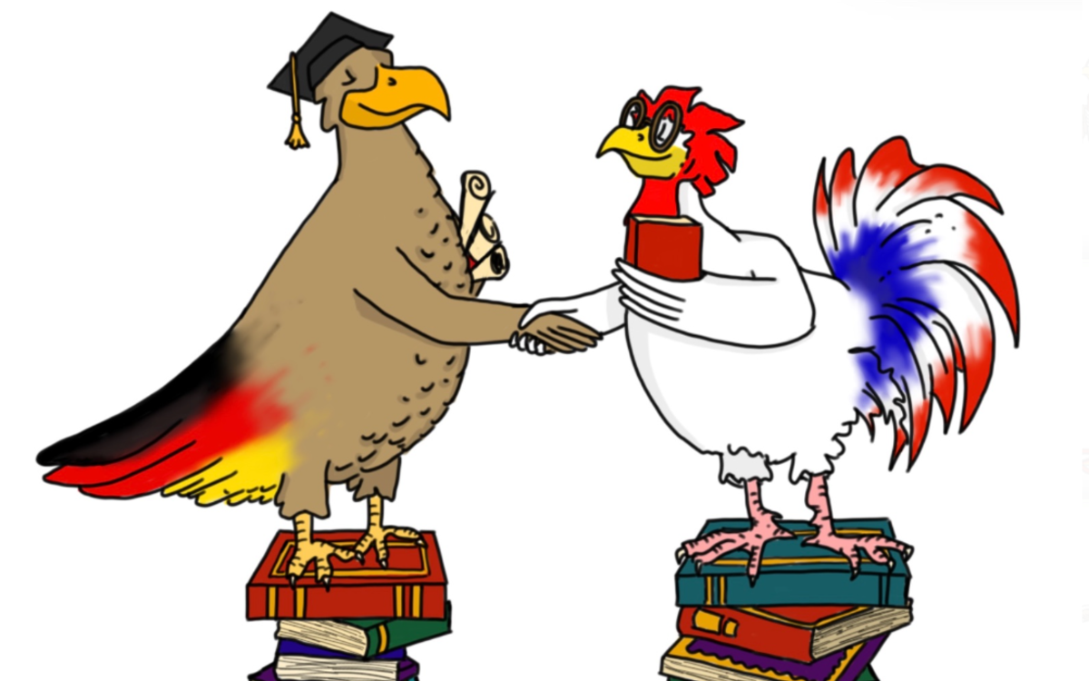 Dessin: Un aigle avec des plumes aux couleurs du drapeau allemand serre la main à un coque avec les plumes aux couleurs du drapeau francais. 
