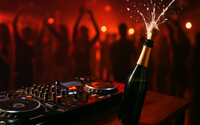 Ambiance de club avec des platines DJ, des bouteilles de champagne et des silhouettes dansantes en arrière-plan flouté.