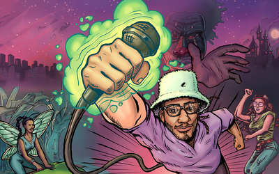 Affiche de la Get Down Party par SoulShock : un rappeur brandit un micro lumineux dans un univers hip-hop inspiré du graffiti et des comics fantasy, entouré de personnages colorés et d’un décor urbain féérique.