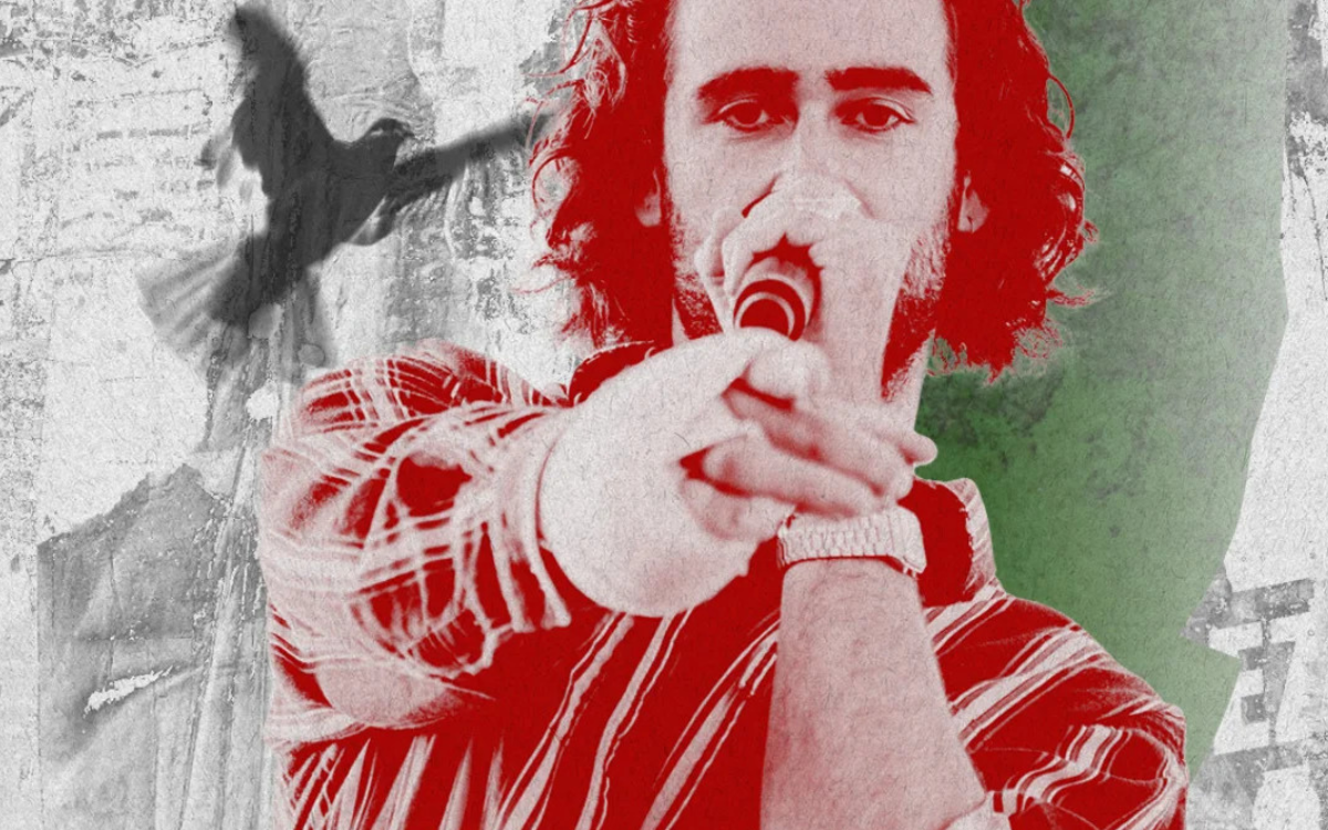 Illustration représentant le rappeur Acifiq tenant un micro avec les couleurs de la Palestine