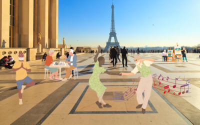 Séniors dansant sur le parvis du Trocadero