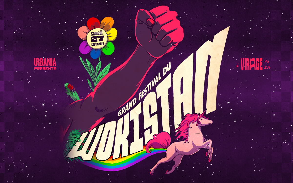 Affiche du festival Wokistan sur fond de ciel étoilé avec un poing levé, un poney et les couleurs de l'arc-en-ciel