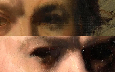 Image séparée de façon horizontale, sur chaque partie, les yeux d'un homme peints