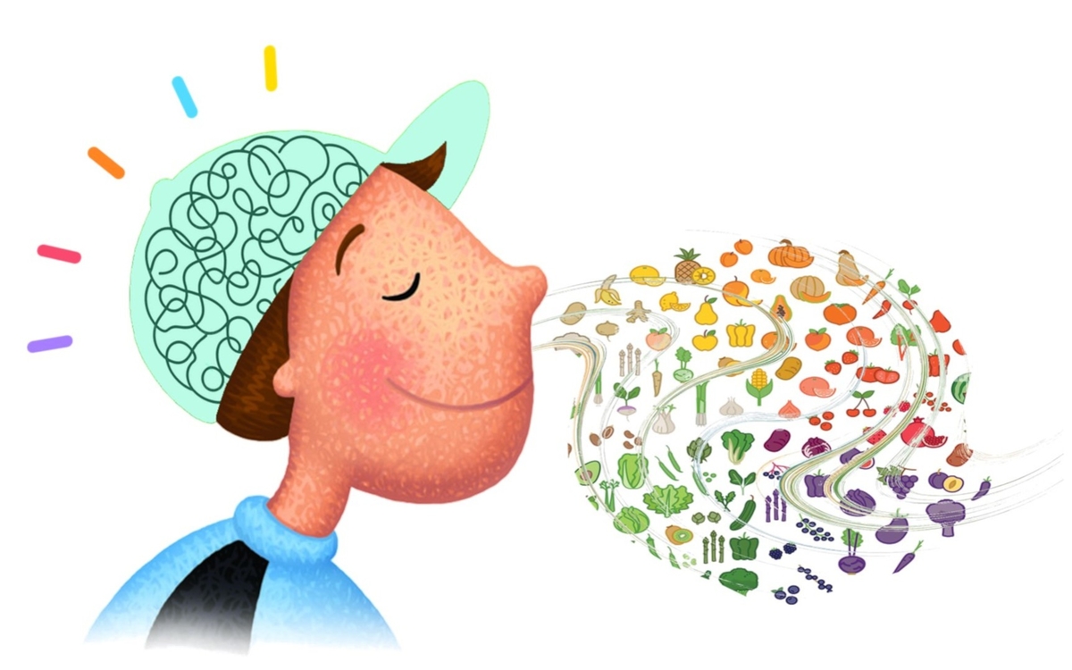 Dessin représentant un personnage aspirant l'odeur des aliments par le nez. L'activation des sens agit sur son cerveau.