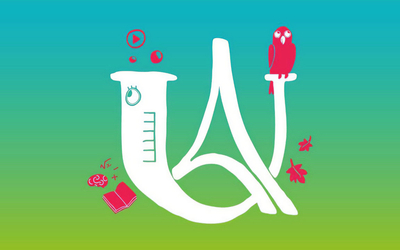 Visuel de la Fête de la Science à l'Université Paris Cité. Le logo a été dessiné comme une verrerie de laboratoire et des pictogrammes rappellent les sciences : livre, cerveau, ébullition...
