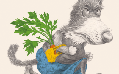 Illustration d’un loup en short bleu, courant avec un sac jaune contenant une botte de carottes, poursuivi par une abeille.